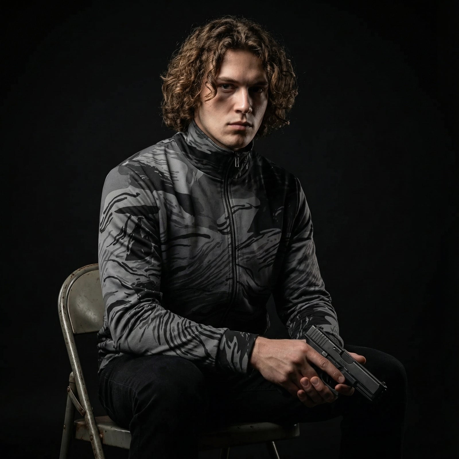 Person sitting on a chair holding a gun against a black background