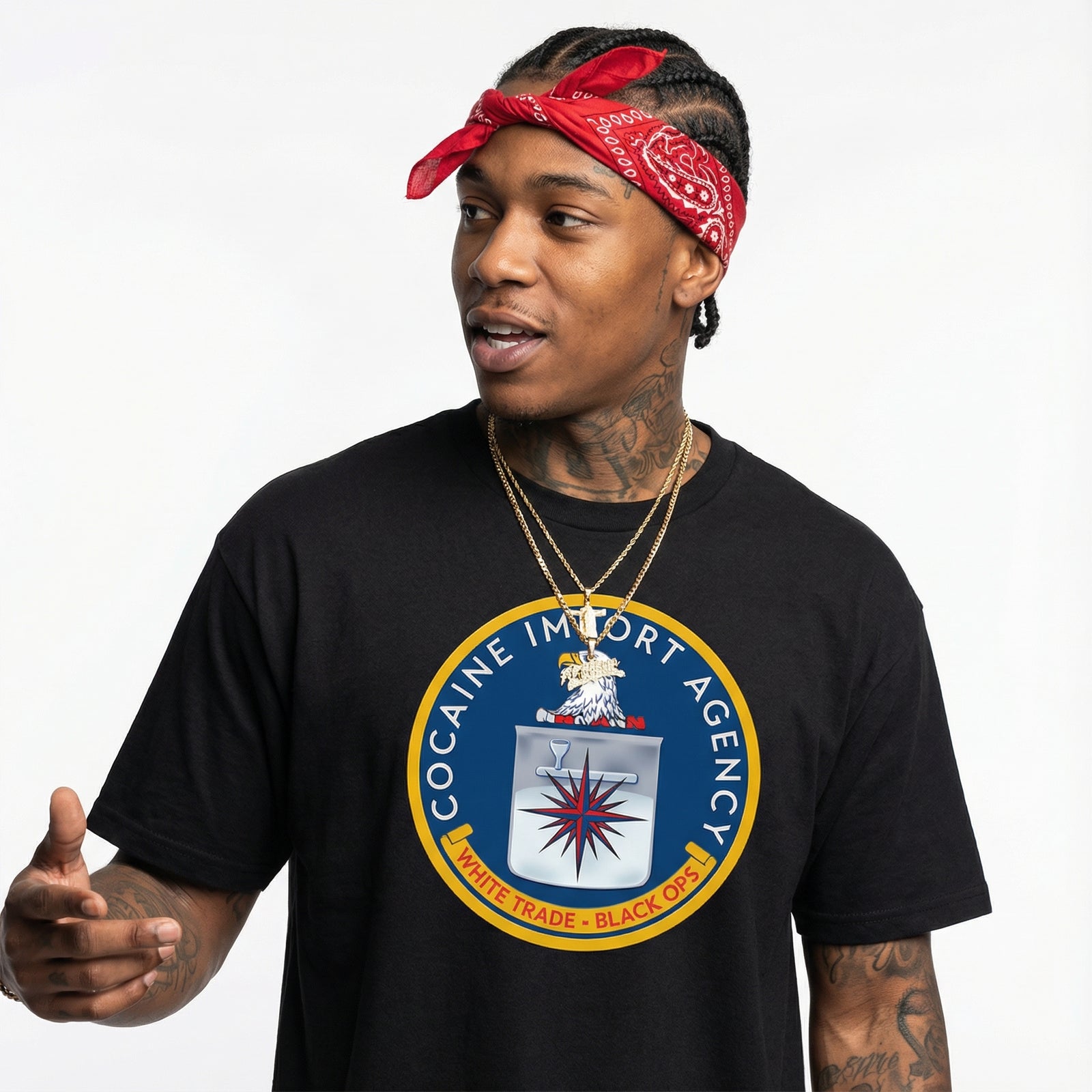 Person wearing a black t-shirt with 'Cocaine Import Agency' logo on a white background