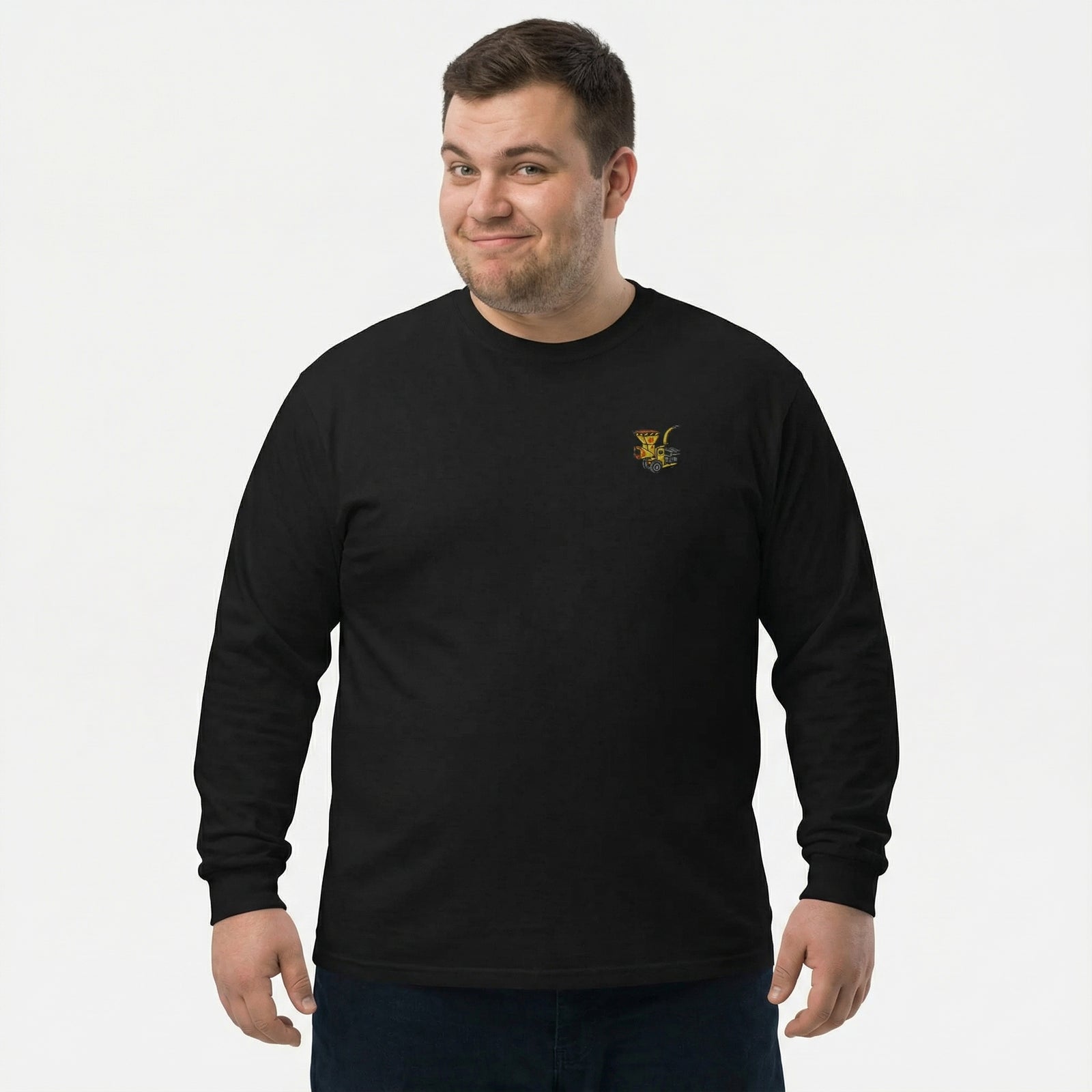 Man wearing a black long-sleeve shirt with a logo on a white background