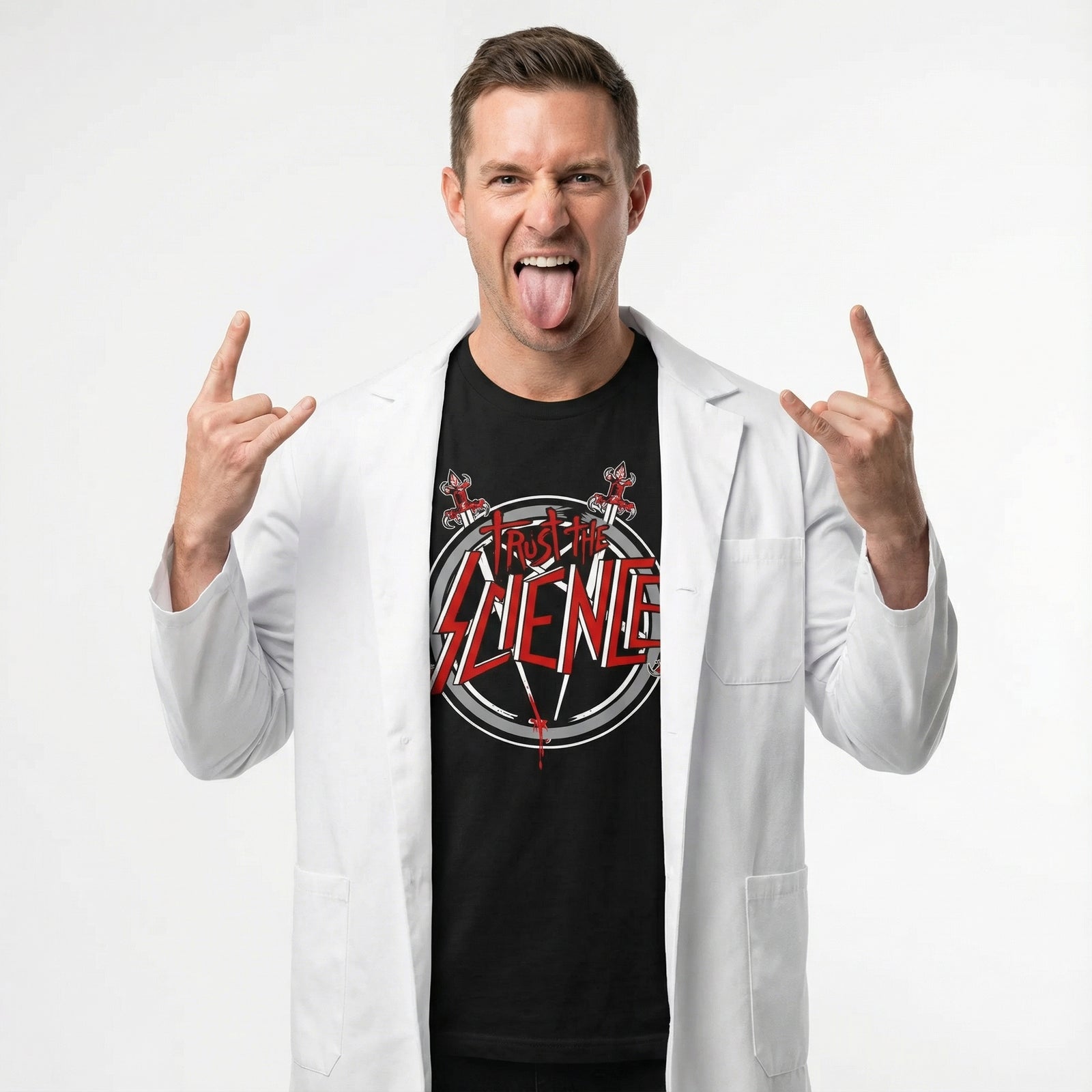 Person wearing a black t-shirt with a graphic design and a white lab coat, making hand gestures.