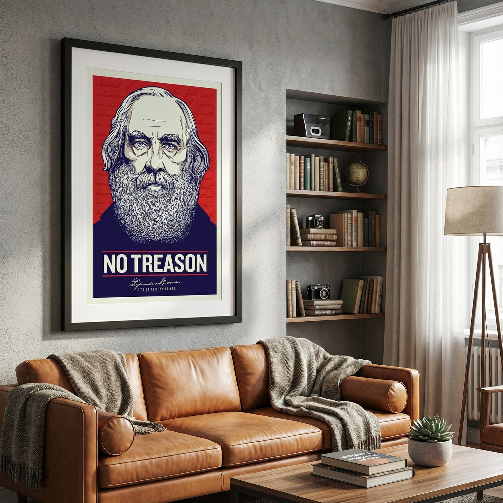 Living room with a framed poster of a Lysander Spooner on a red and blue background, with the text 'No Treason"