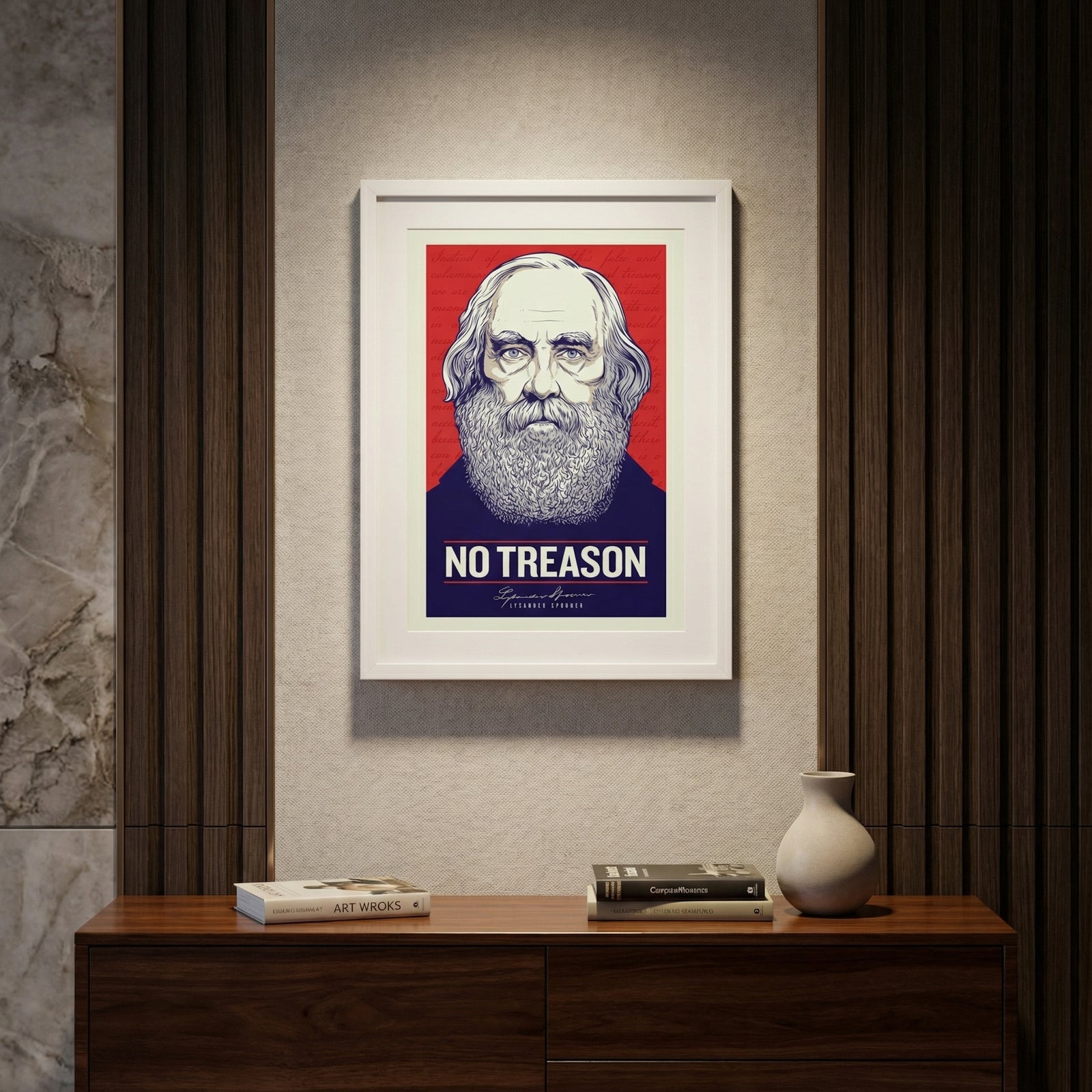Framed poster with a portrait and 'No Treason' text on a wall above a wooden console table.