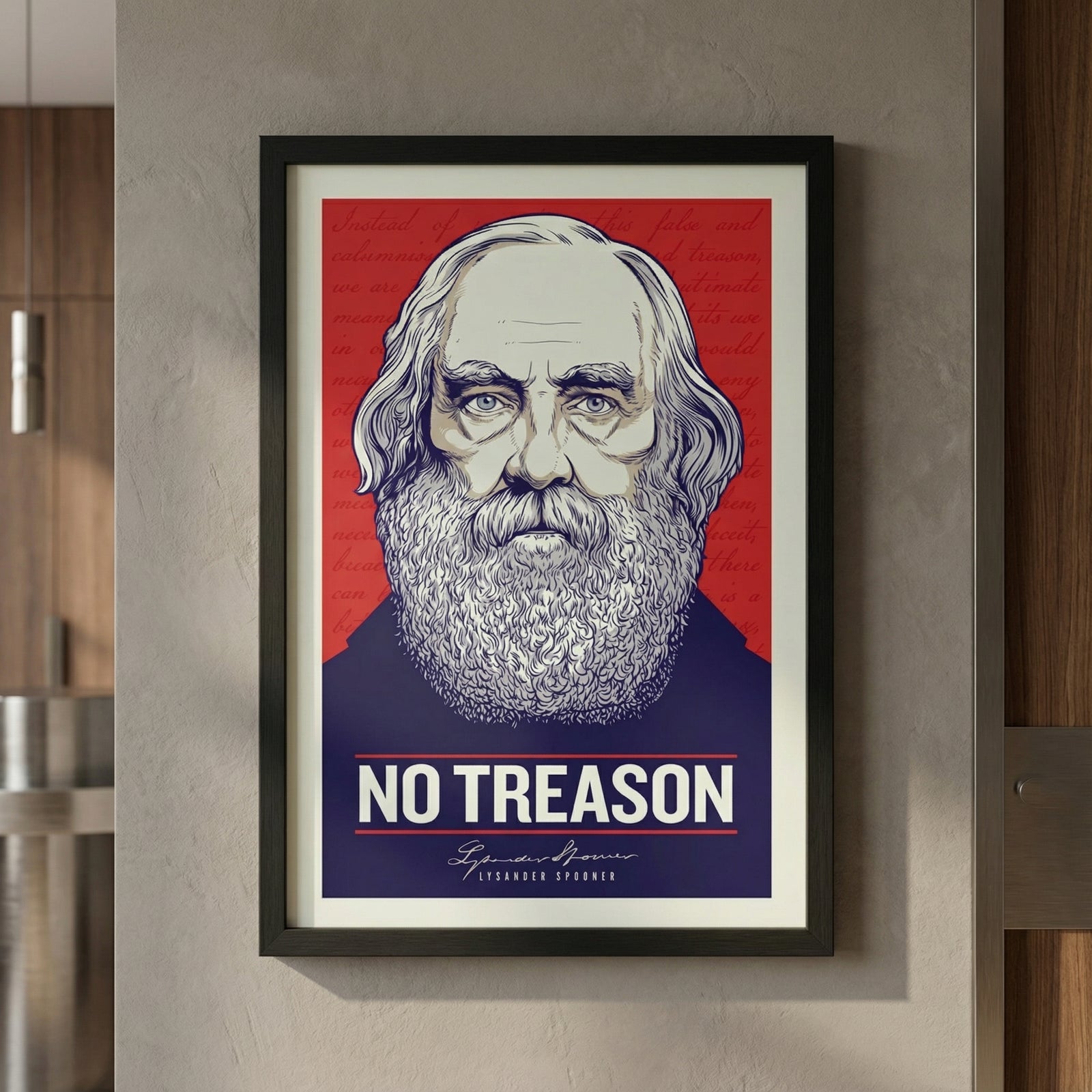 Framed poster with a portrait of a man with a beard and the text 'NO TREASON' on a red and blue background.
