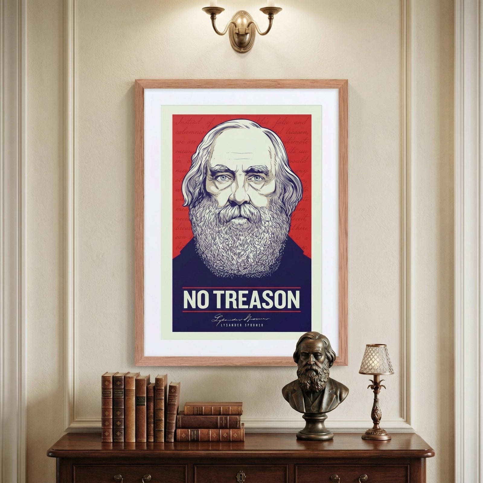 Framed poster with a portrait and 'No Treason' text on a wall above a wooden cabinet.