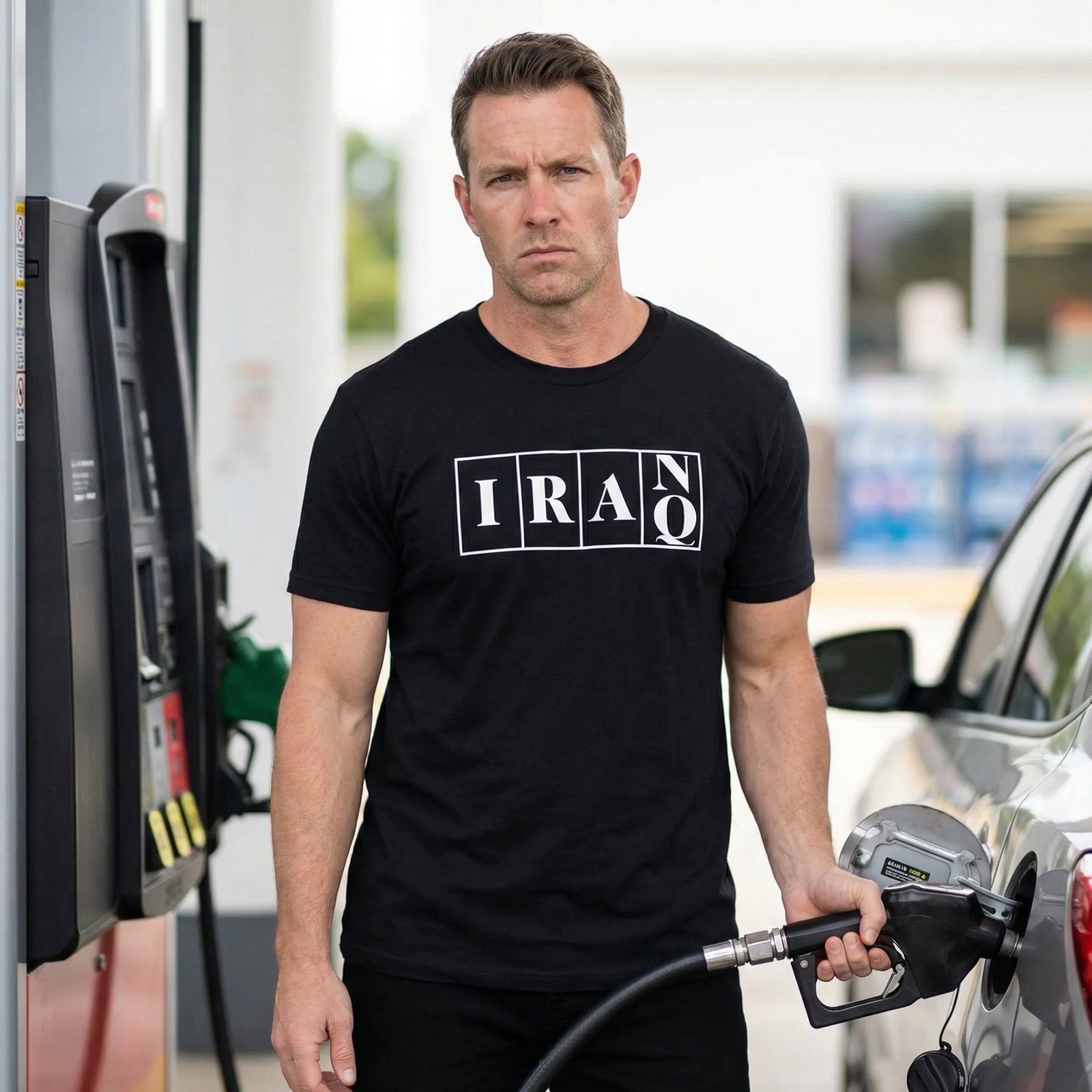 Man in black t-shirt with 'IRAQ' text at a gas station