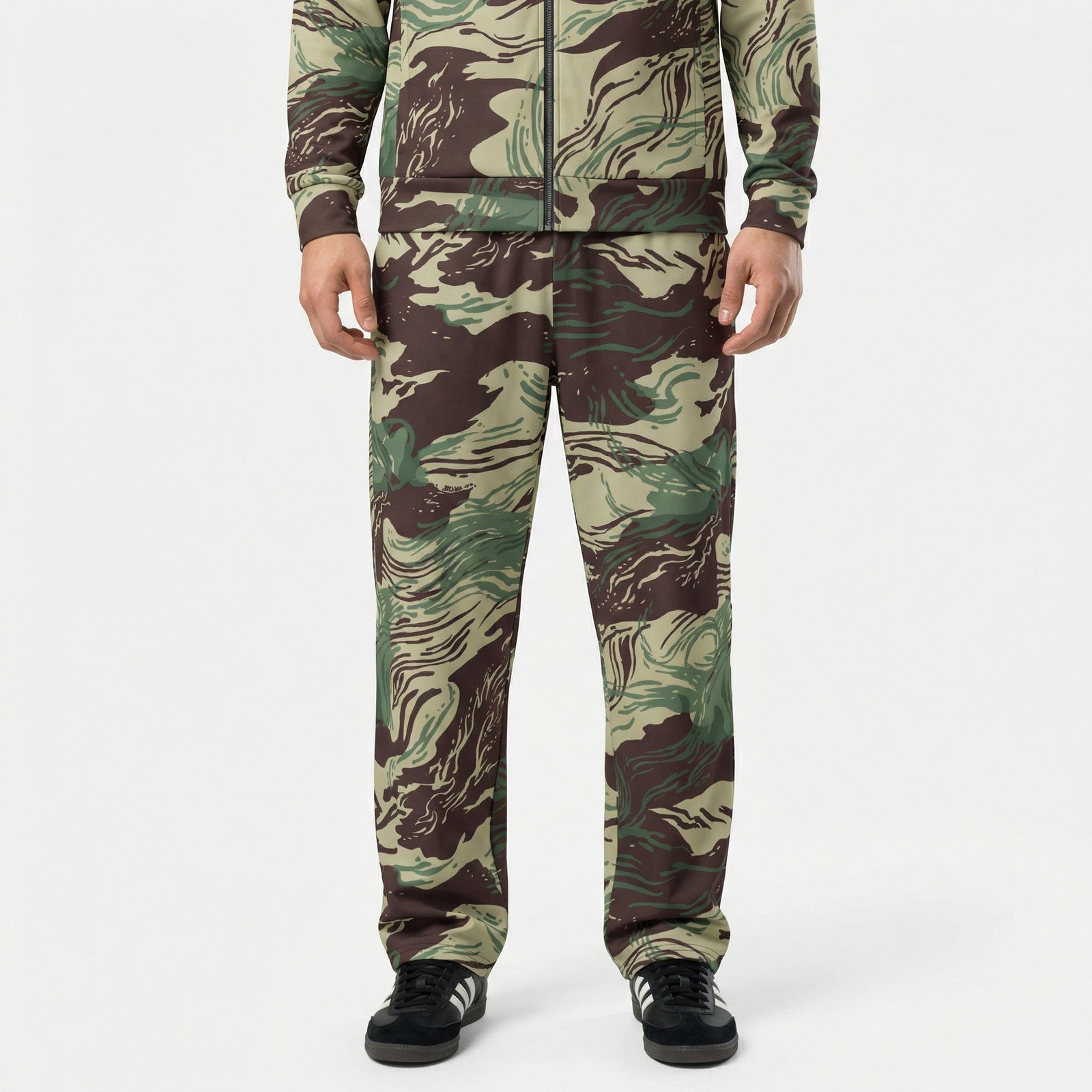 Camouflage tracksuit worn by a person on a white background