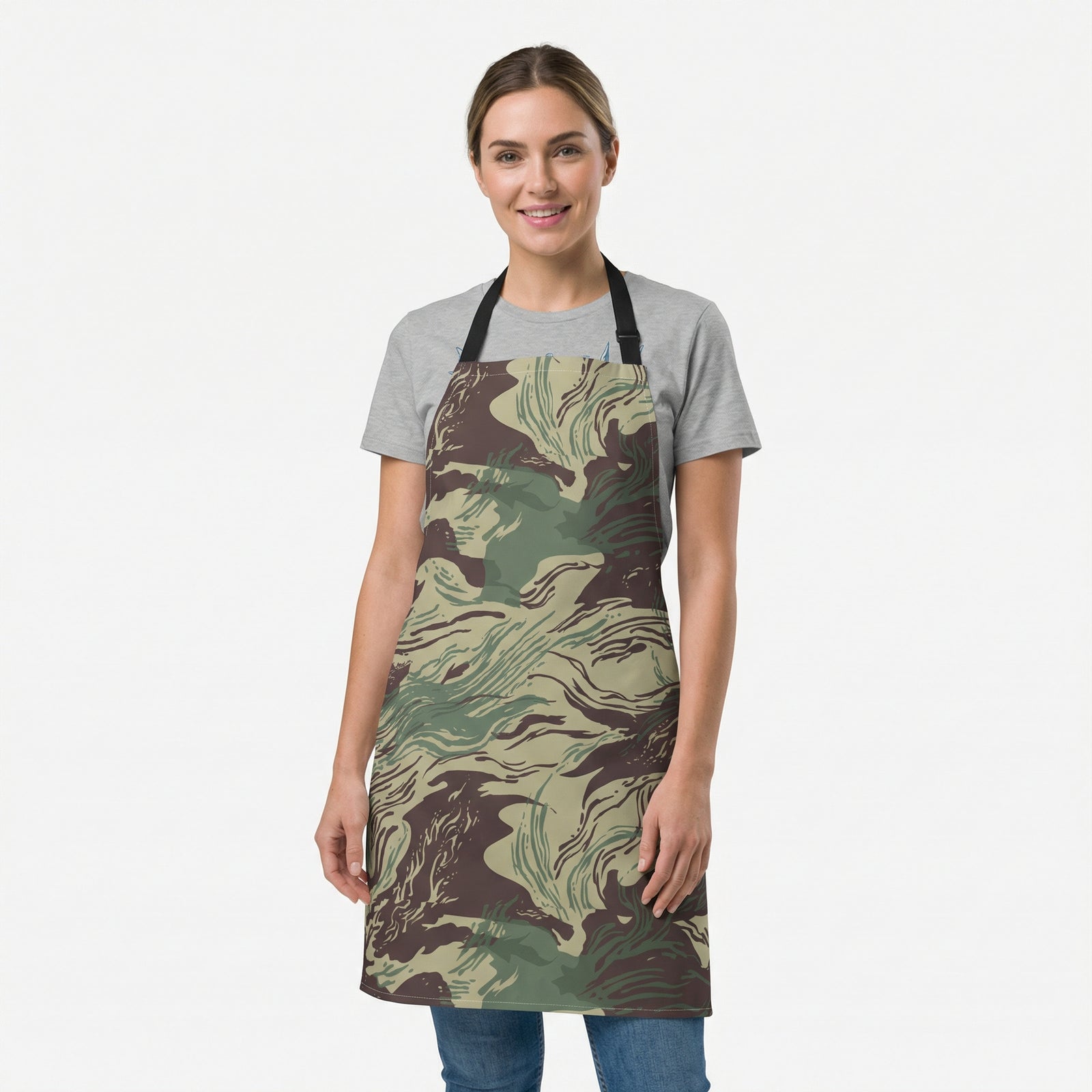 Person wearing a camouflage apron on a white background