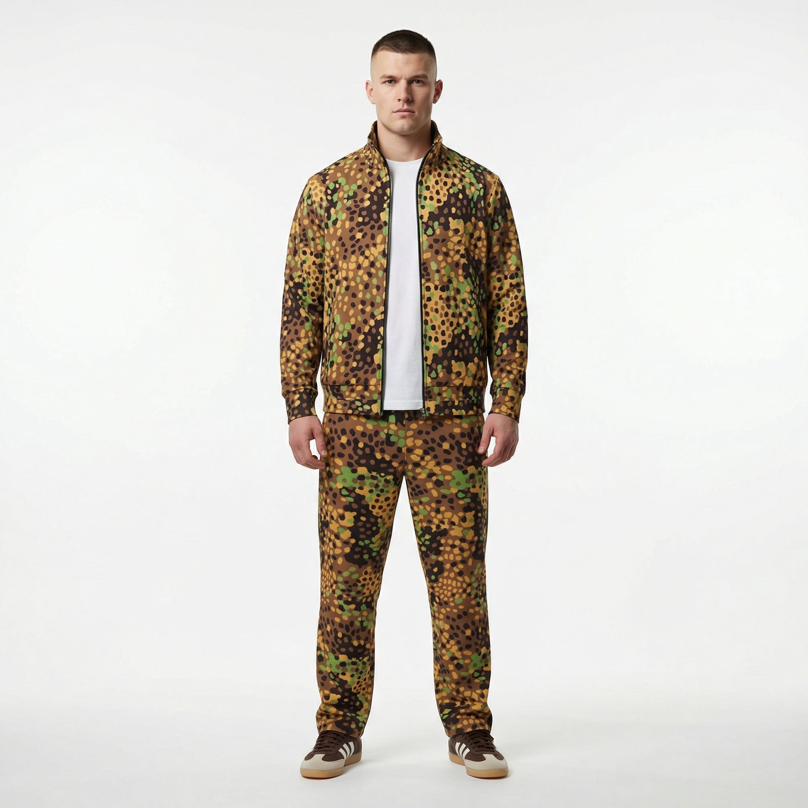 Man wearing a camouflage outfit on a white background