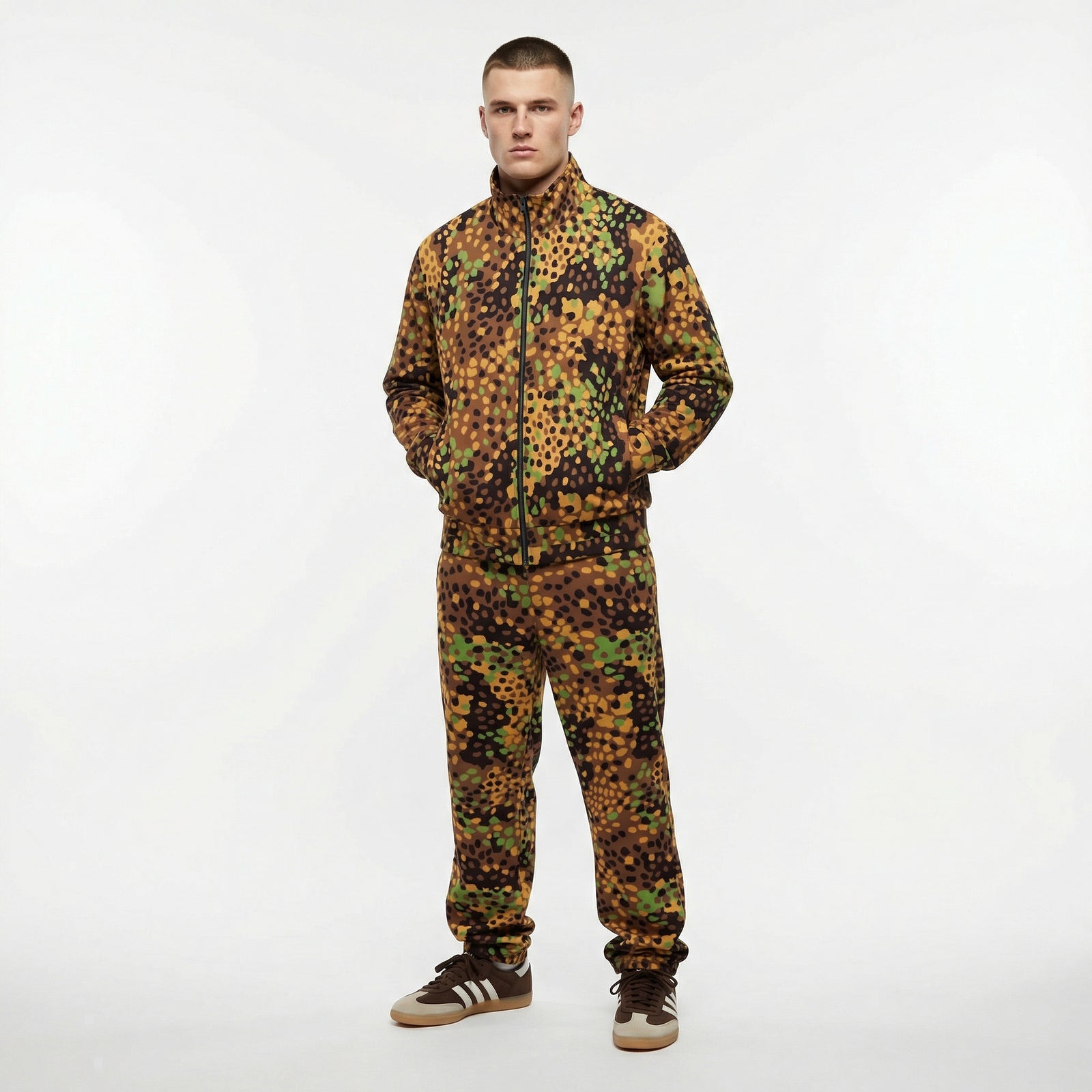 Person wearing a camouflage jumpsuit on a white background
