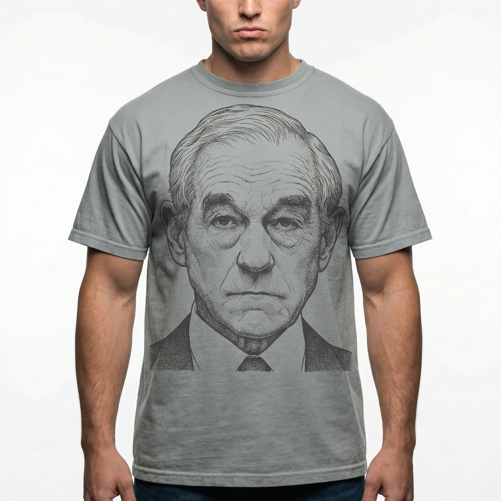 Gray t-shirt a portrait of a disappointed Ron Paul