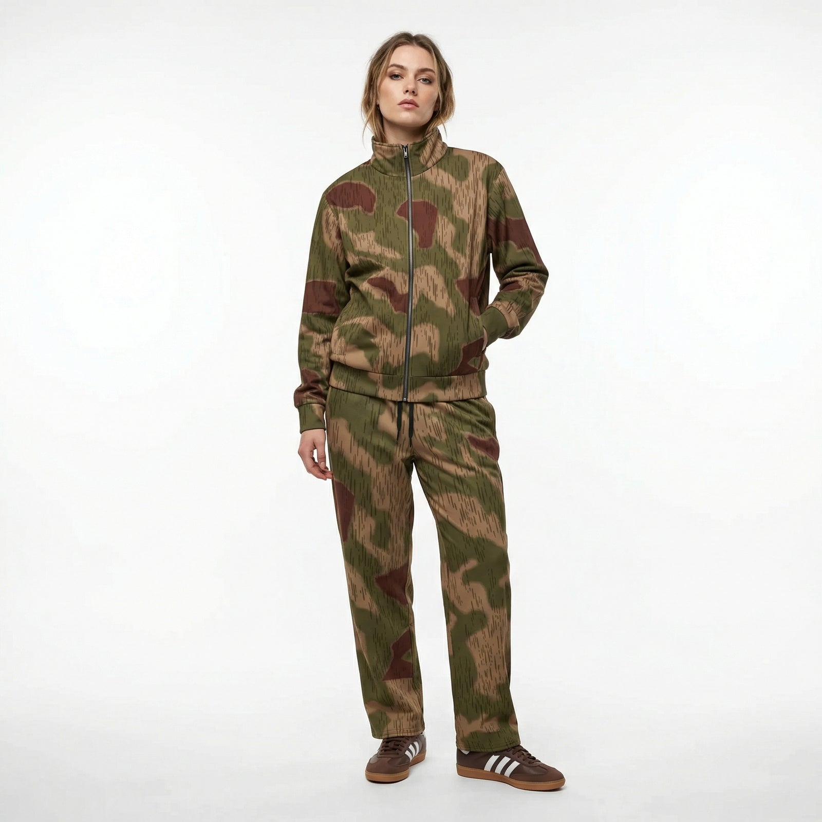 Person wearing a camouflage tracksuit on a white background