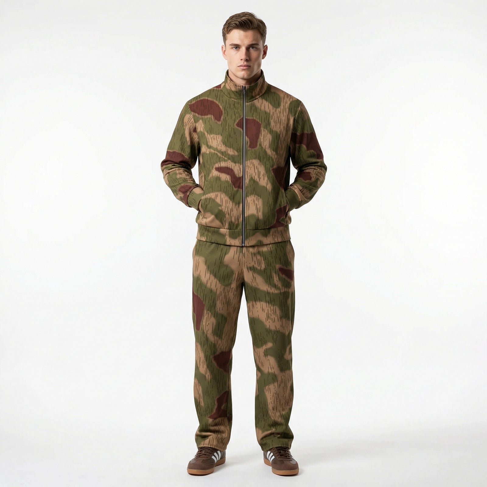 Man wearing a camouflage tracksuit on a white background