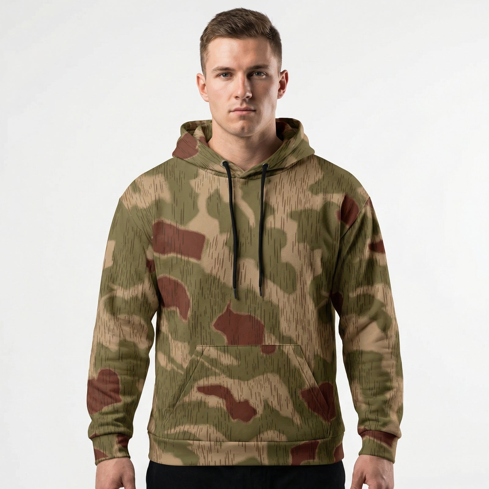 Man wearing a Sumpftarnmuster Camouflage Cotton Hoodie on a white background