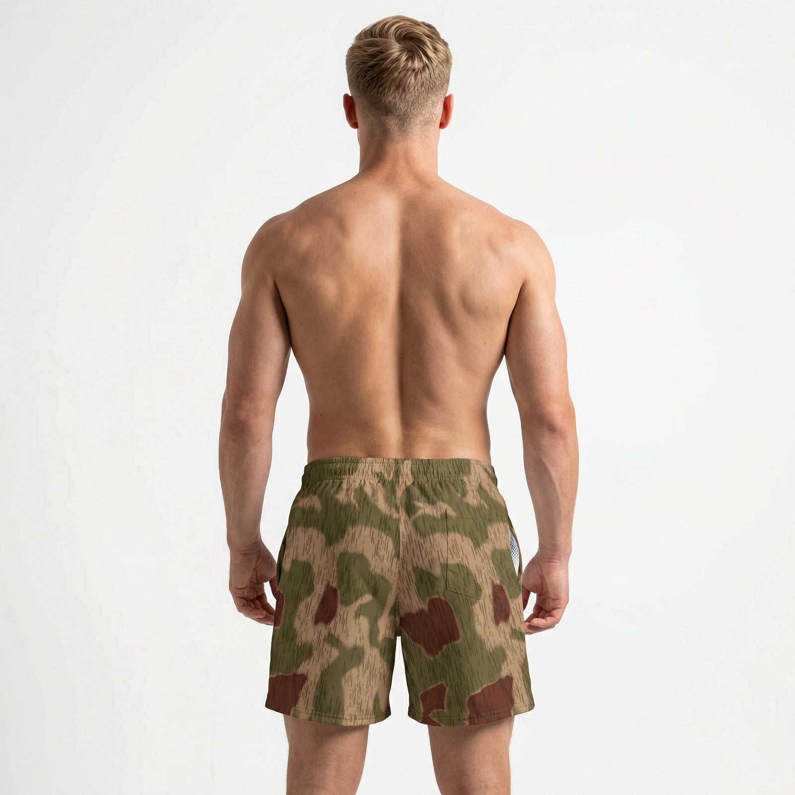 Man wearing camouflage swim shorts on a white background