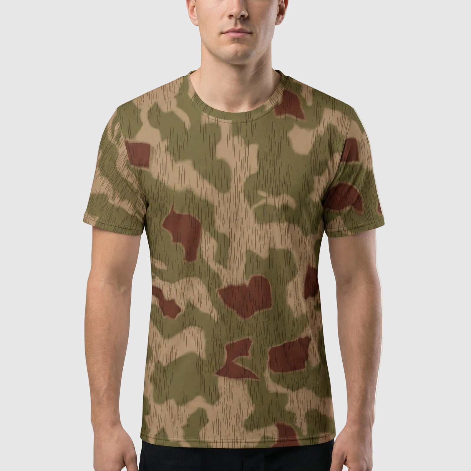Person wearing a camouflage t-shirt on a white background