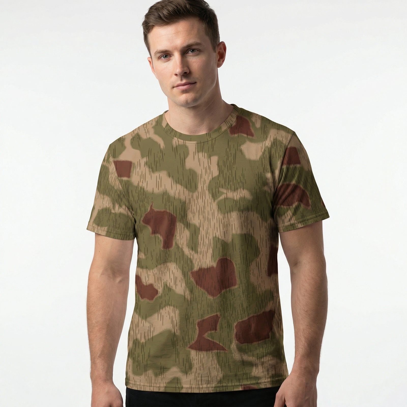 Man wearing a camouflage t-shirt on a white background