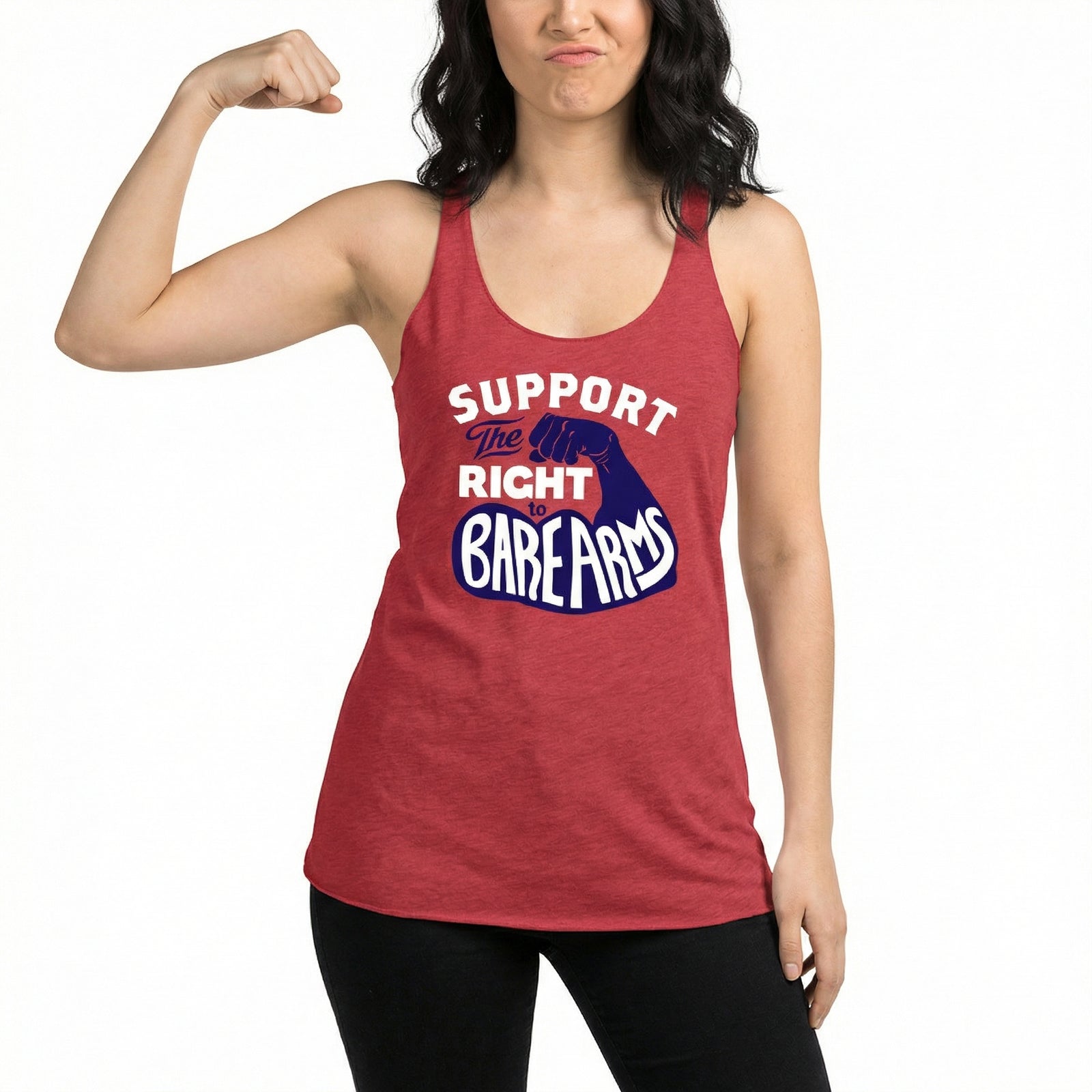 Person wearing a red tank top with text and graphic design on a white background