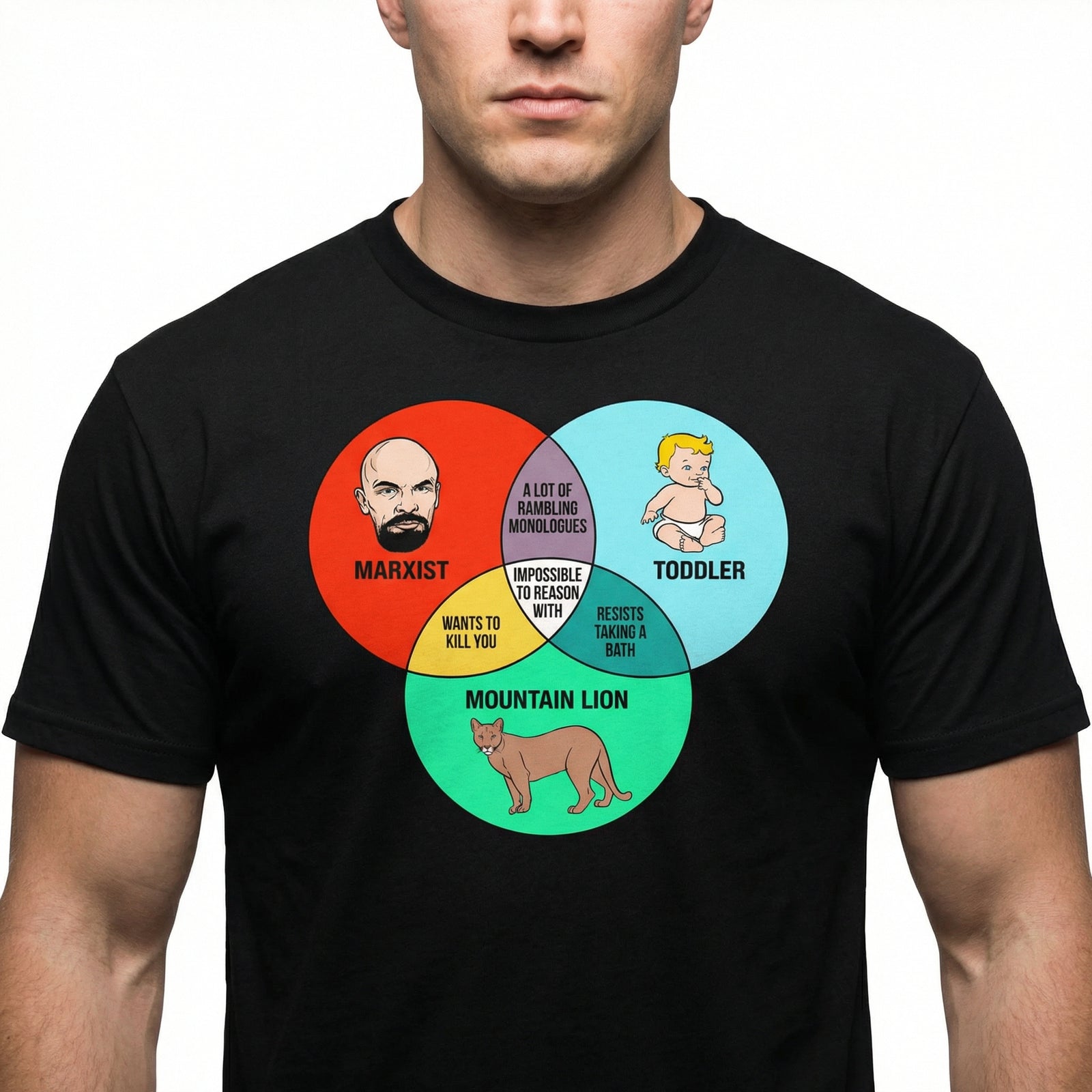 Black t-shirt with a colorful Venn diagram graphic featuring political and animal-related terms.
