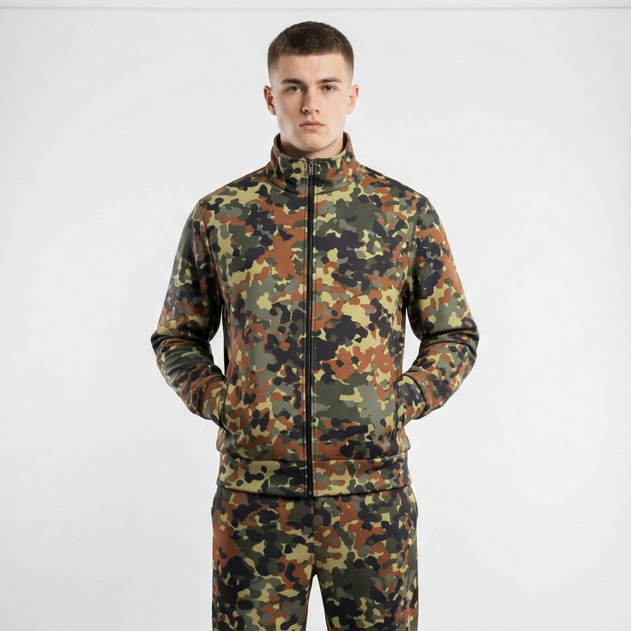 Man wearing a camouflage tracksuit standing in front of studio lights on a white background