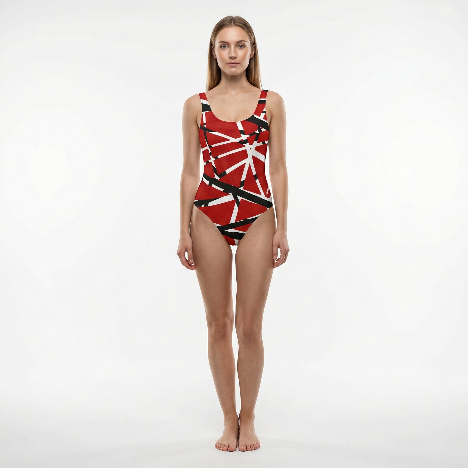 Woman wearing a red, black, and white patterned Frankenstripe One-Piece Swimsuit on a white background