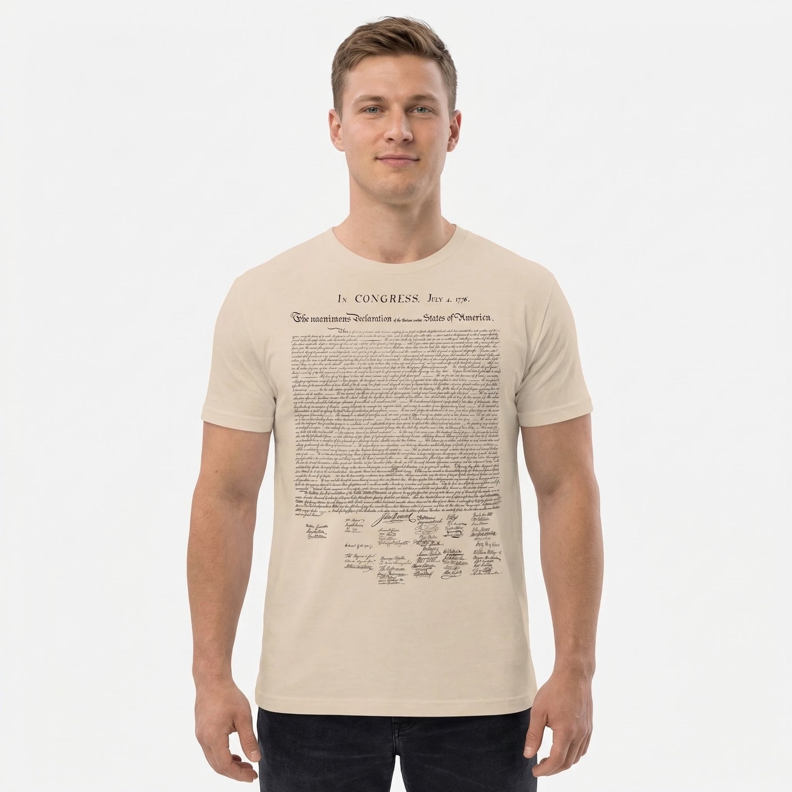 Man wearing a t-shirt with text design on a plain background