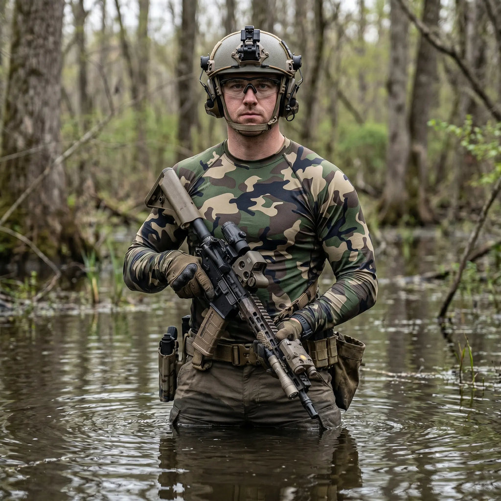 Person in camouflage gear holding a rifle in a forest setting