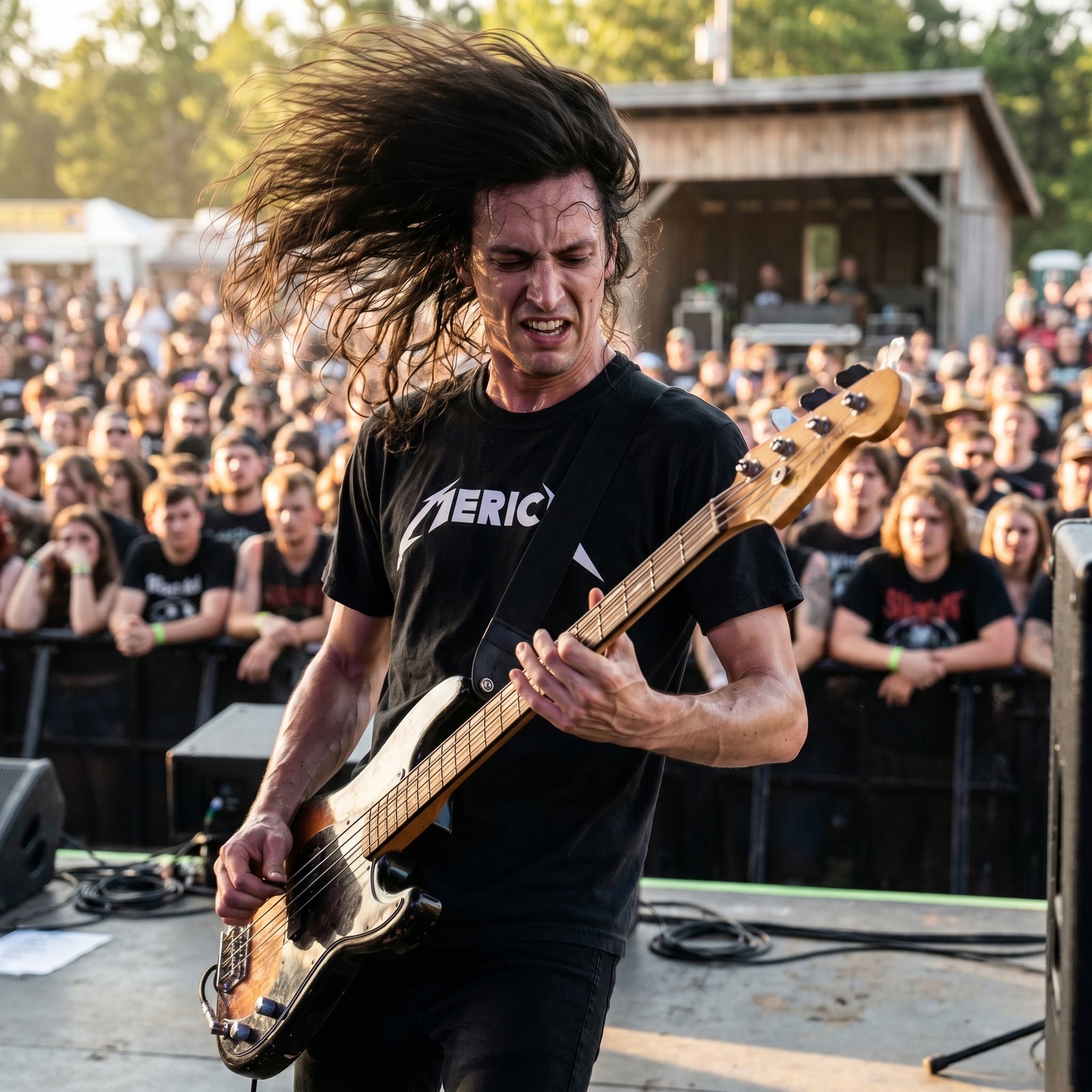 Person playing bass guitar on stage with a crowd in the background