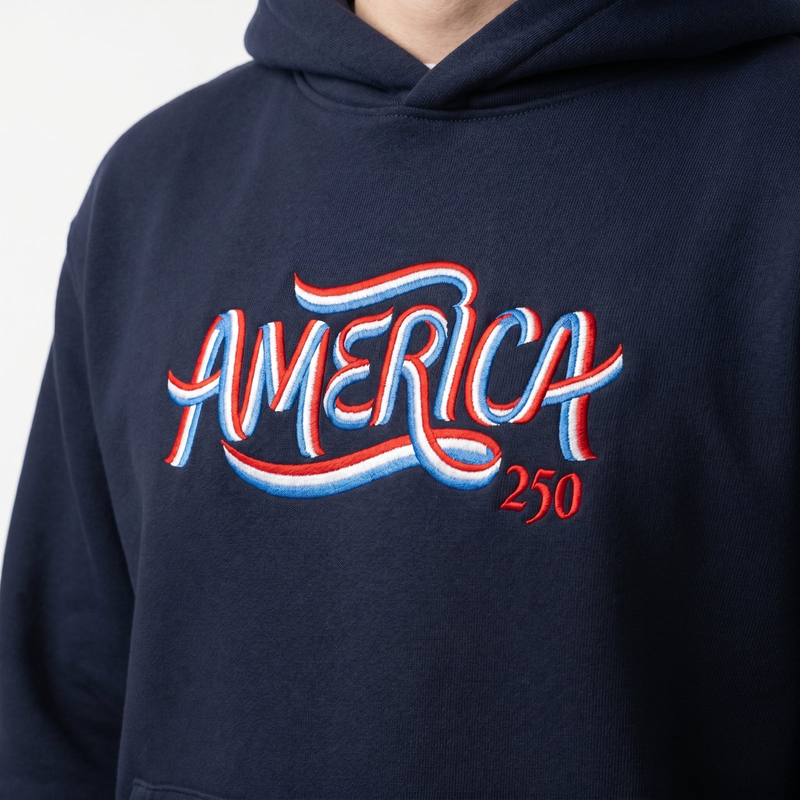 Navy America 250 Embroidered Ribbon Oversized Heavyweight Hoodie with red and white 250th anniversary chest embroidery