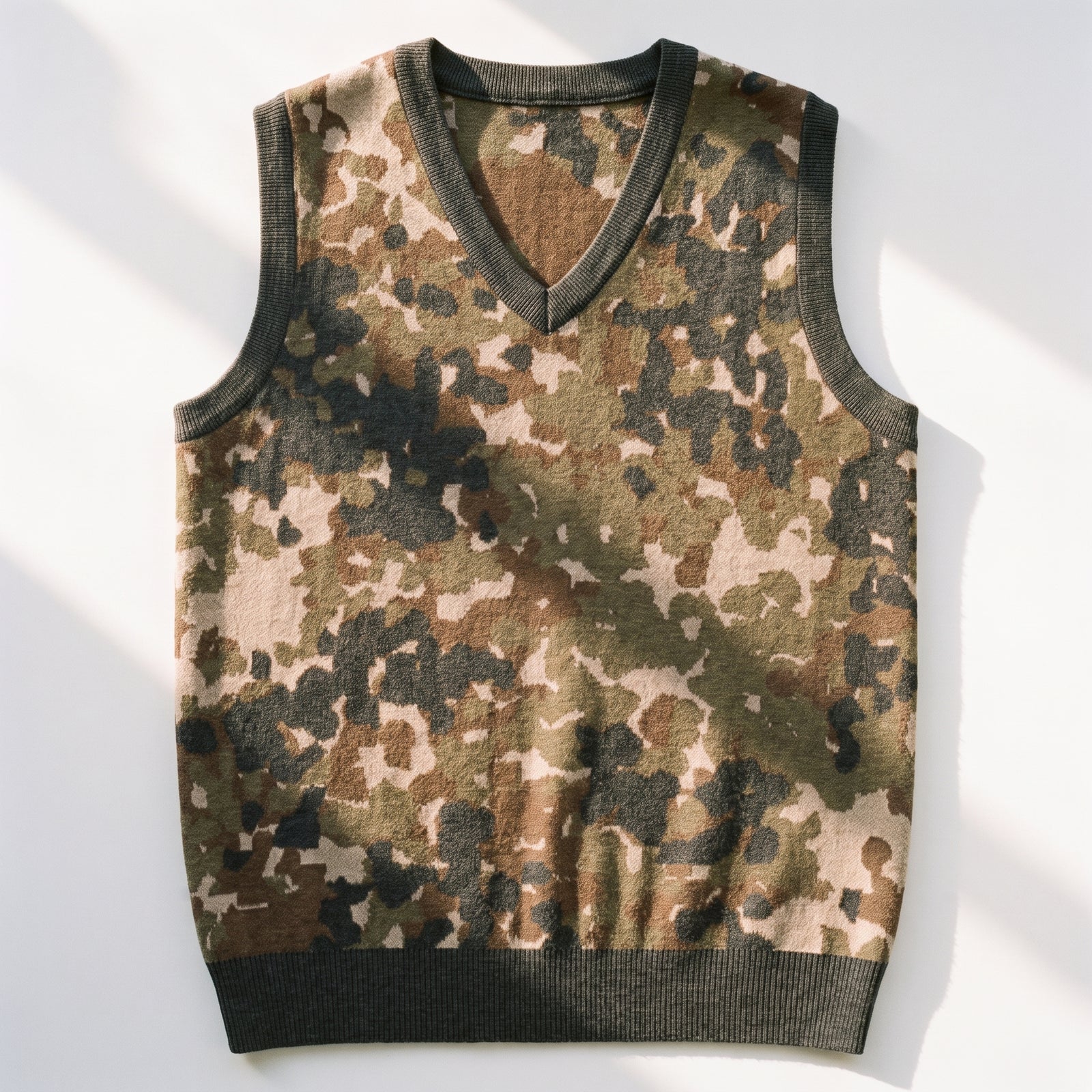 Flecktarn Reconnaissance Camo Knit V-neck Vest laying flat with natural sunlight on it.