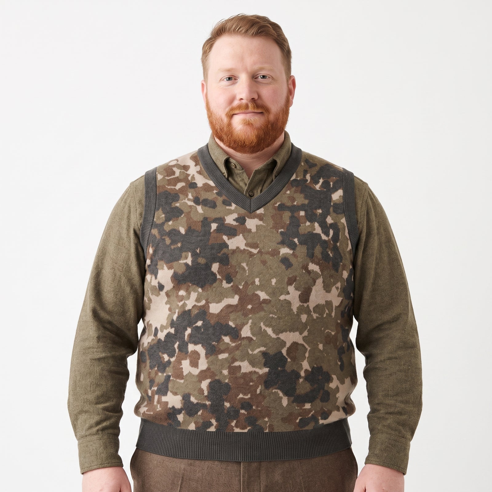 Man wearing a Flecktarn Reconnaissance Camo Knit V-neck Vest