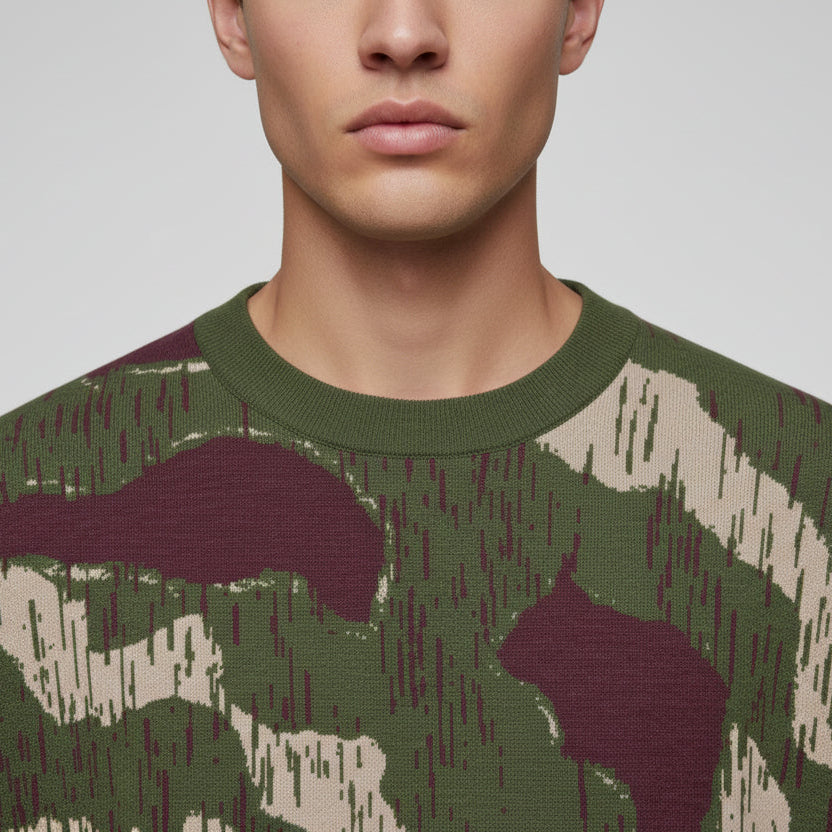 Camouflage-patterned sweater on a white background
