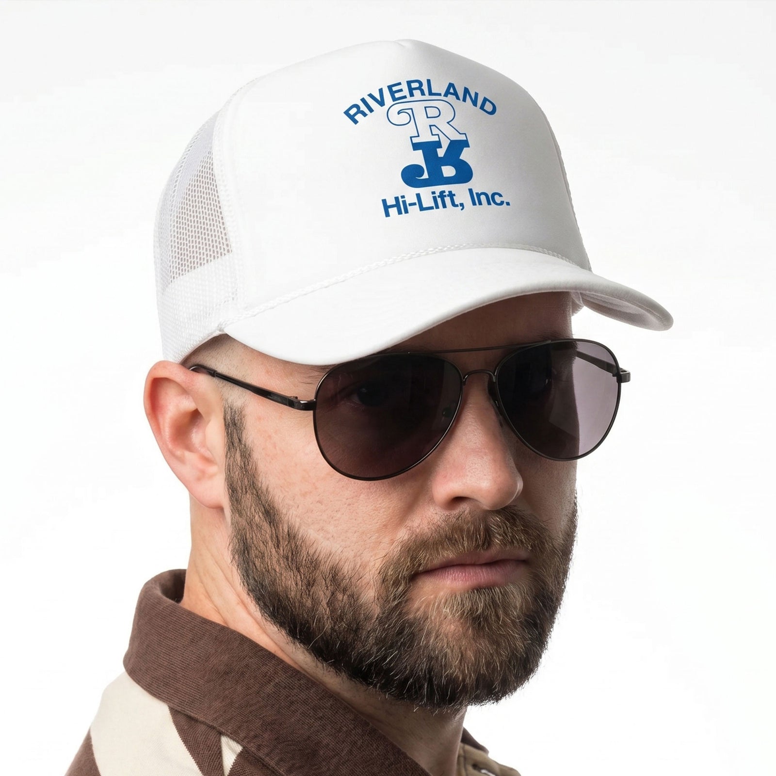 Man wearing a white cap with 'Riverland Hi-Lift, Inc.' logo and sunglasses on a white background