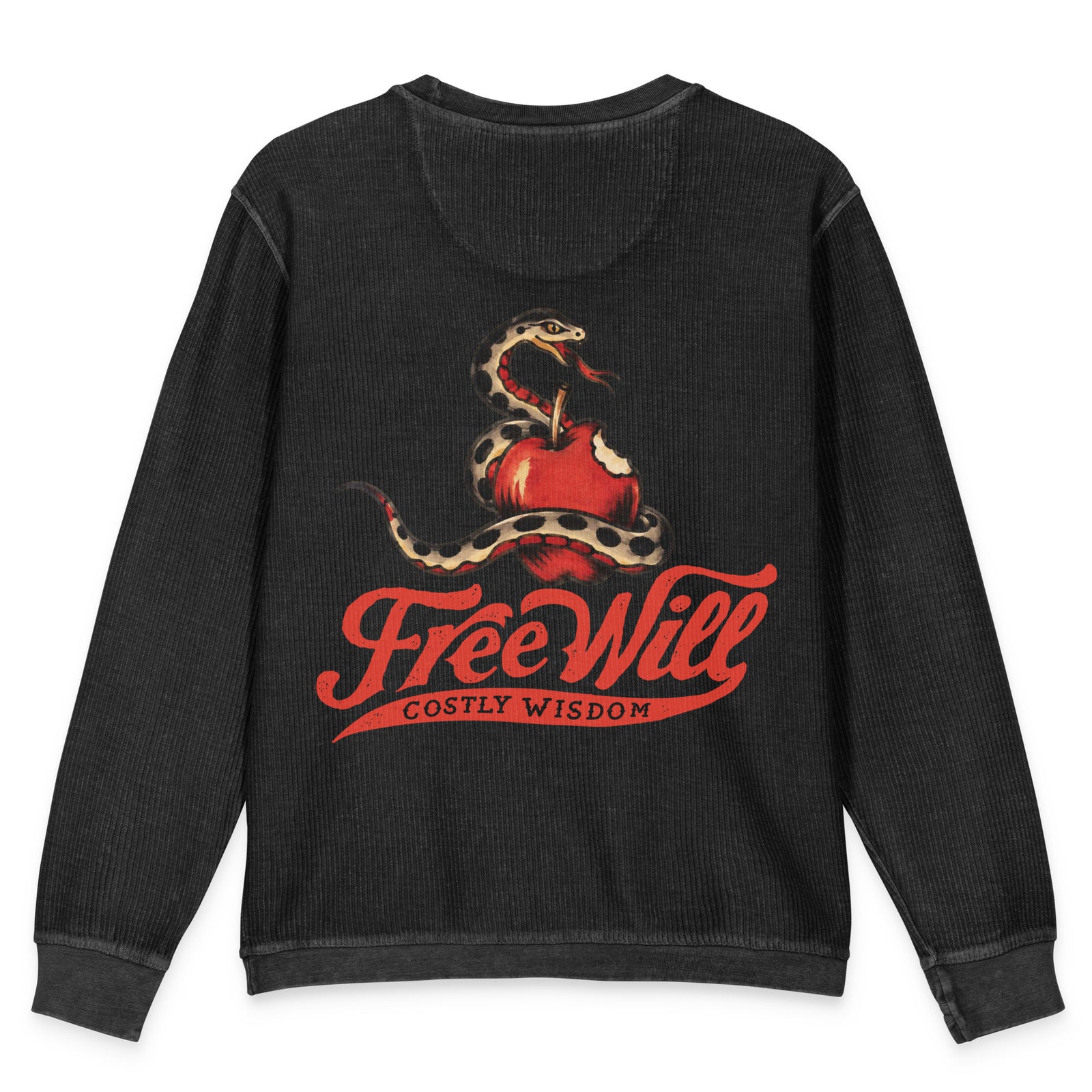 Back of the black Free Will, Costly Wisdom cord sweatshirt with large vintage angel, devil, serpent, and forbidden fruit artwork.