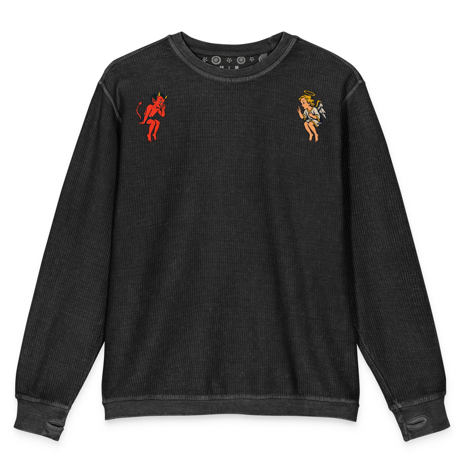 Front detail of the black Free Will, Costly Wisdom cord sweatshirt with stone-washed texture and vintage chest graphic.