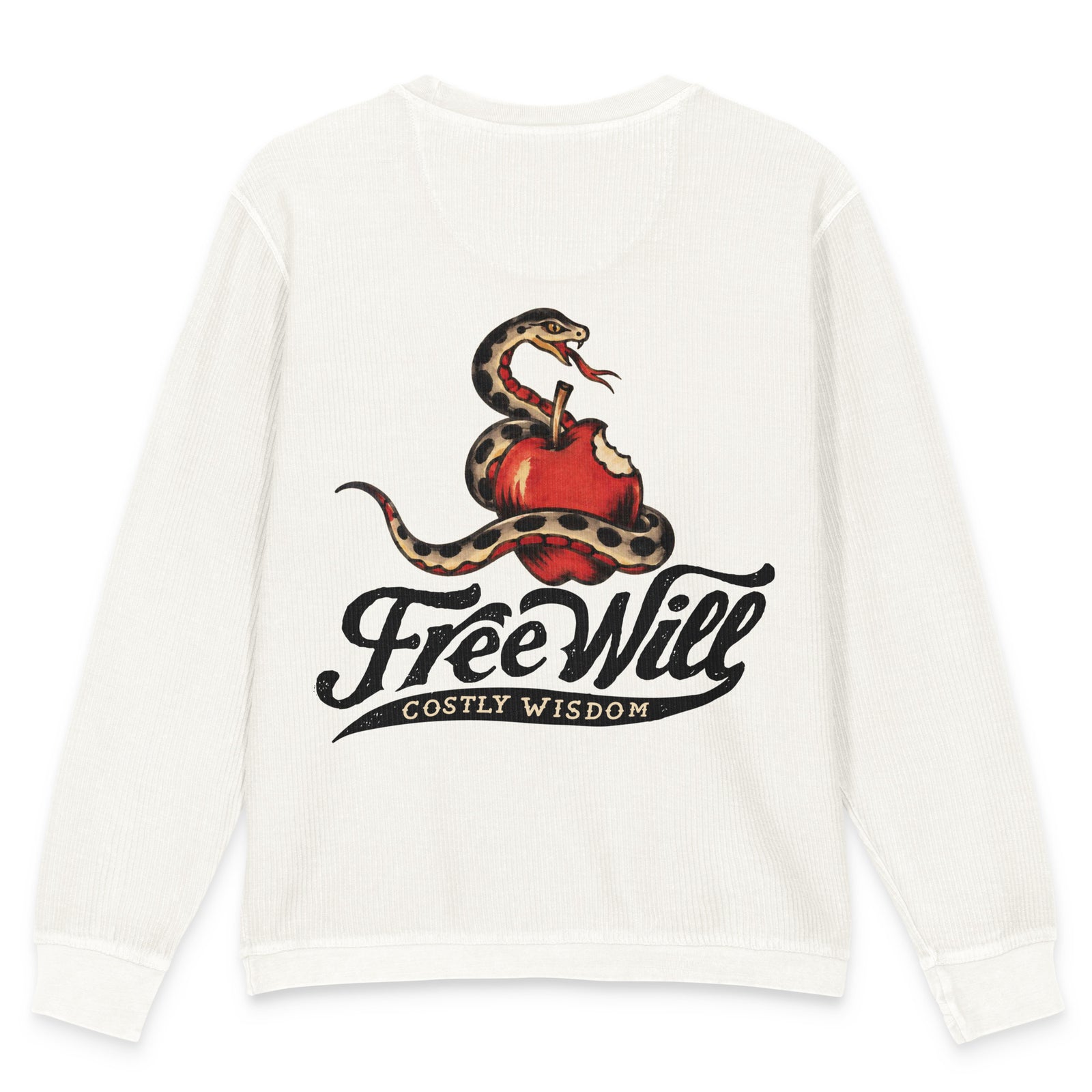 Back of the ivory Free Will, Costly Wisdom cord sweatshirt with large vintage angel, devil, serpent, and apple artwork.