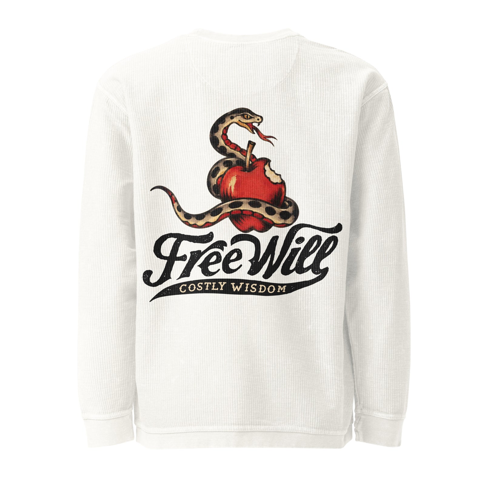 Rear view of the ivory Free Will, Costly Wisdom cord sweatshirt showing the large temptation-themed back graphic.