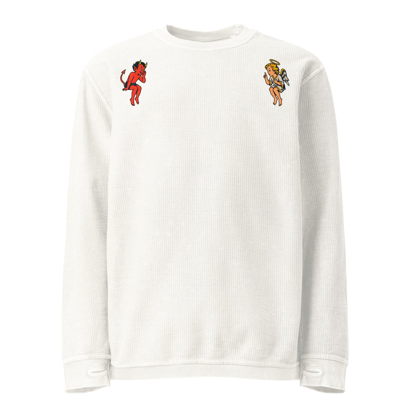 Ivory Free Will, Costly Wisdom cord sweatshirt shown from the front with textured cord fabric and relaxed drape.