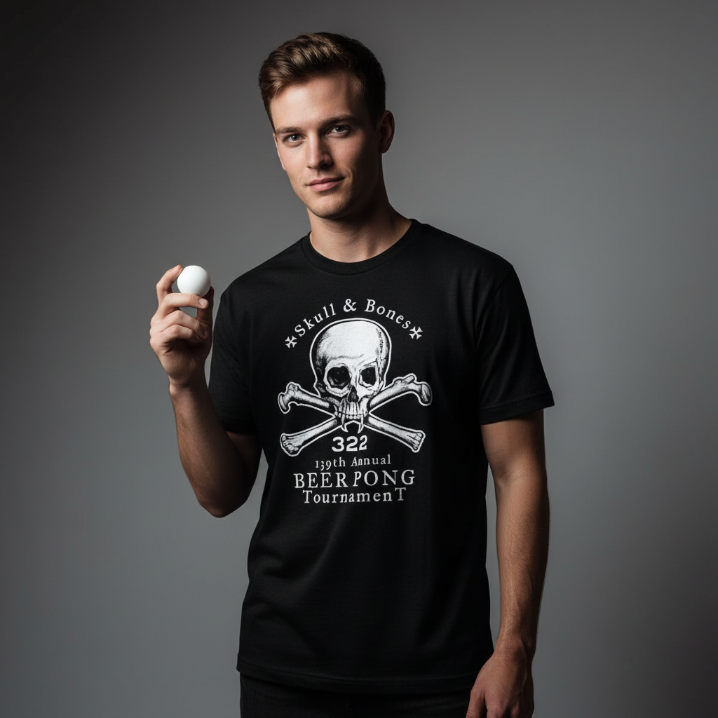 Man wearing a black t-shirt with a skull and crossbones design and text, holding a white object.