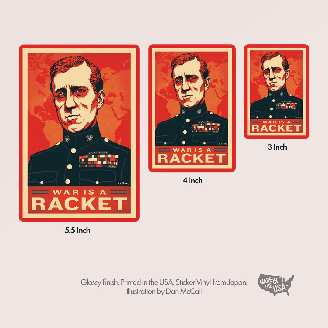 Three versions of a poster with a military figure and 'War is a Racket' text, showing different sizes.