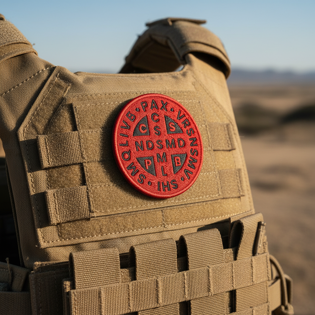 St Benedict's Cross minimalist embroidered morale patch from Liberty Maniacs featuring a red on black colorway.