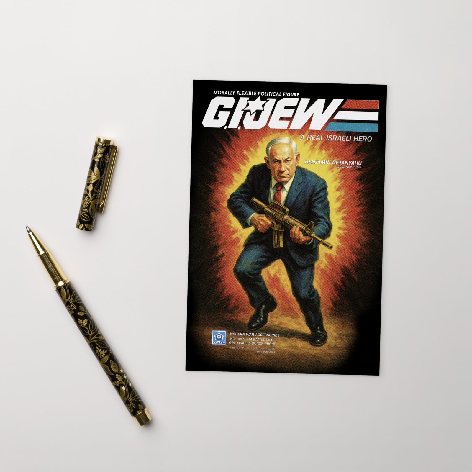 Magazine cover with a stylized illustration of a man holding a gun, accompanied by two decorative pens on a light gray background.
