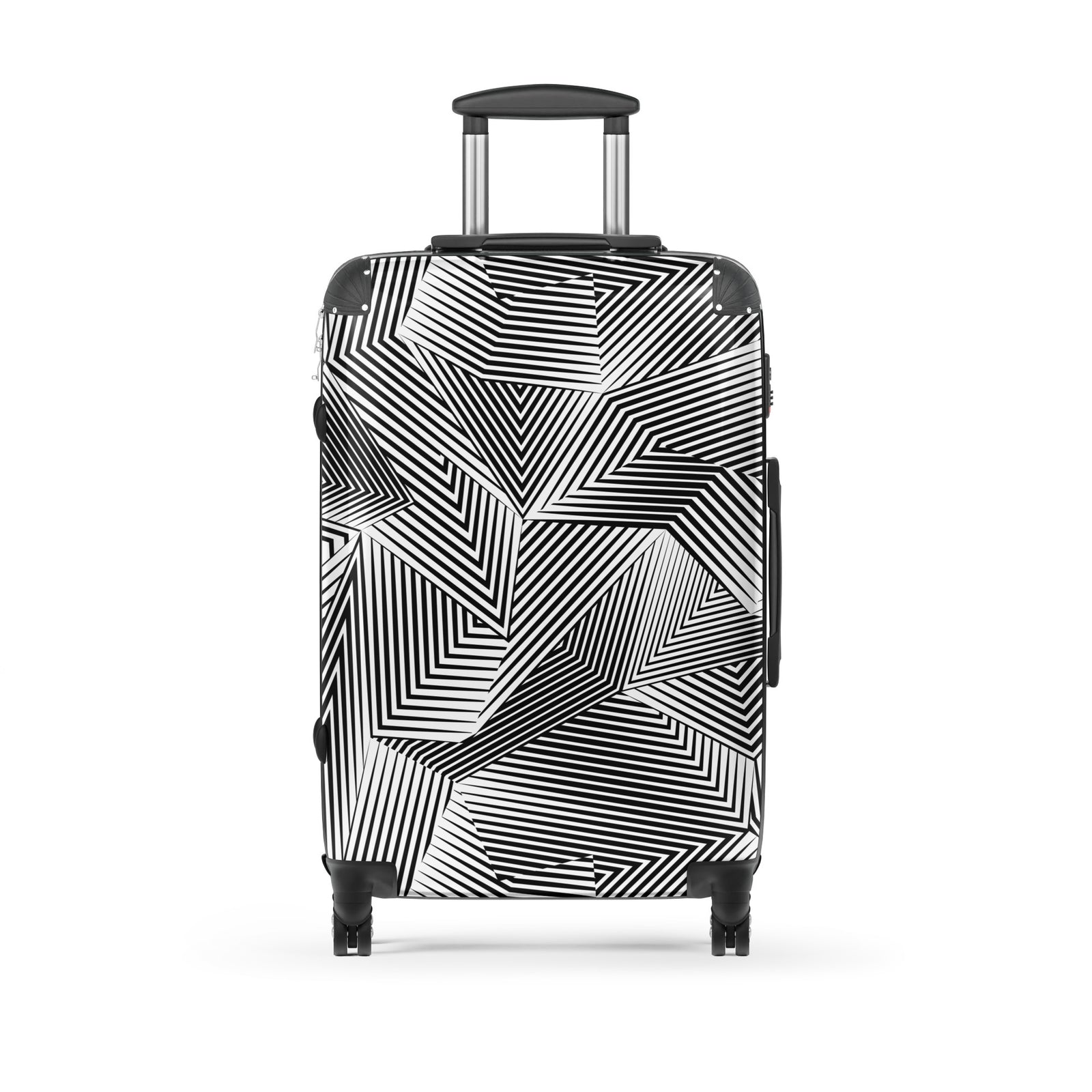 A hard-shell spinner suitcase with an abstract black and white geometric line pattern, featuring an extended telescoping handle and dual wheels, shown against a plain white background.