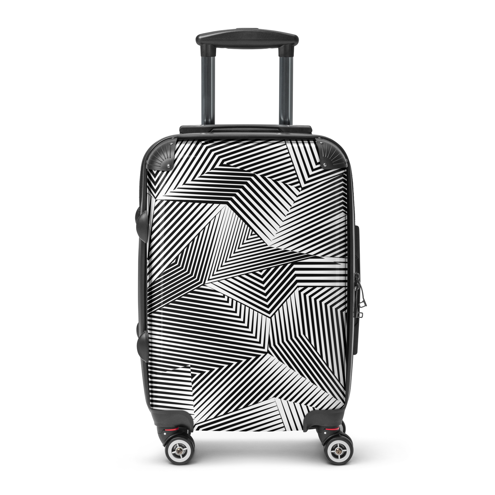 A hard-shell spinner suitcase with a black and white geometric line pattern, featuring an extended telescopic handle and four wheels, shown against a plain white background.