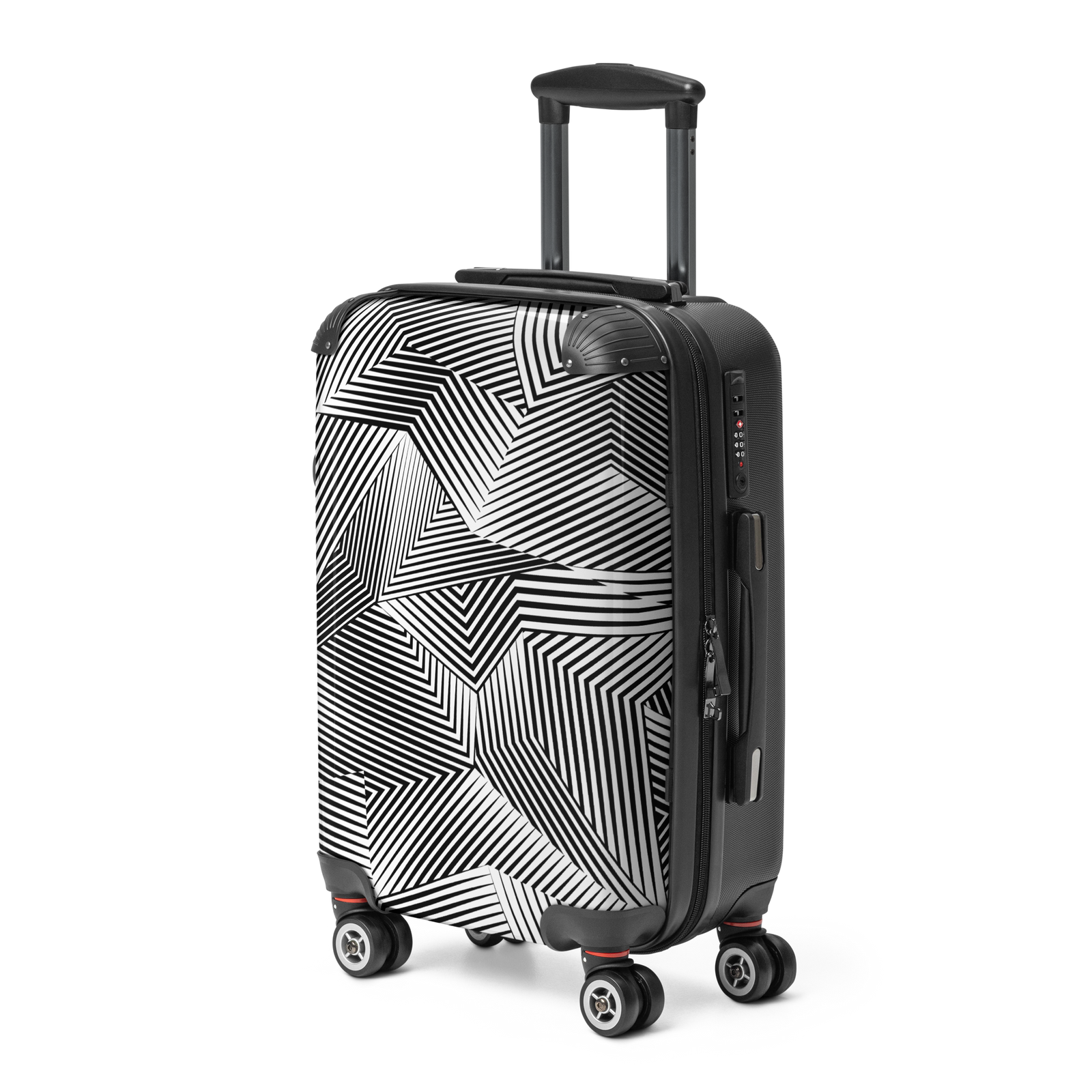 A hard-shell spinner suitcase with a black and white geometric line pattern, featuring an extended telescopic handle and four multi-directional wheels, shown on a plain white background.