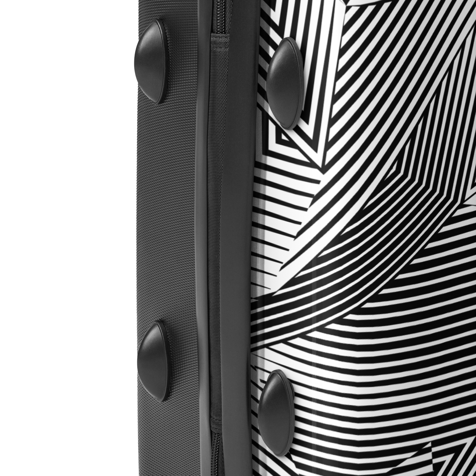 Close-up of a hard-shell suitcase corner showing a black and white geometric optical illusion stripe pattern on the exterior, a black zipper track, and three black oval corner protectors.