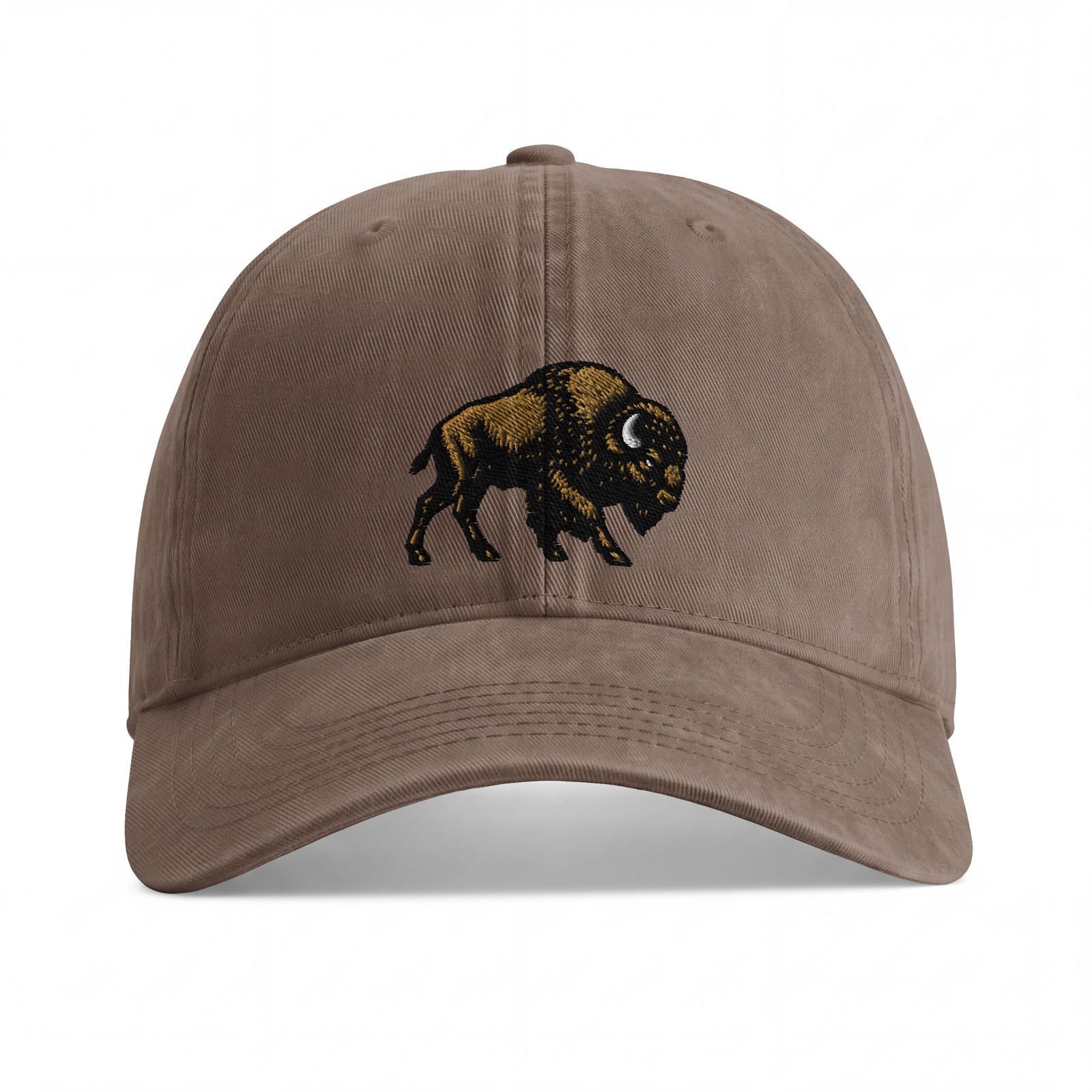 Bison sunwashed cotton cap in Espresso, front view showing black and gold-brown bison embroidery