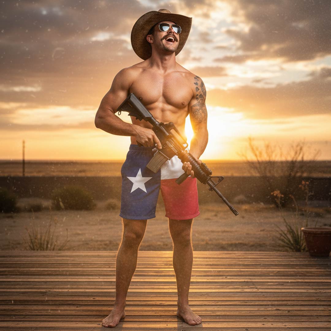 Man wearing Texas flag swimming trunks from Liberty Maniacs, a cowboy hat and sunglasses, holding a rifle with a sunset in the background.