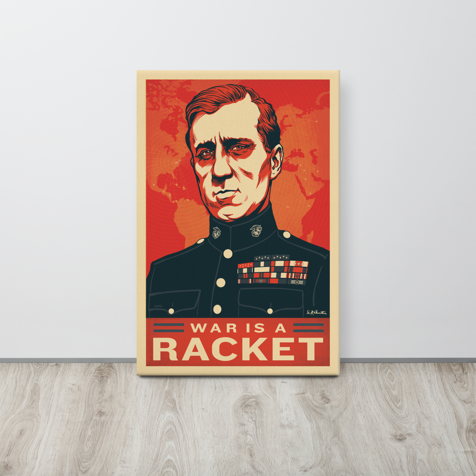 Poster with a portrait of a man in military uniform and 'War is a Racket' text on a red background.