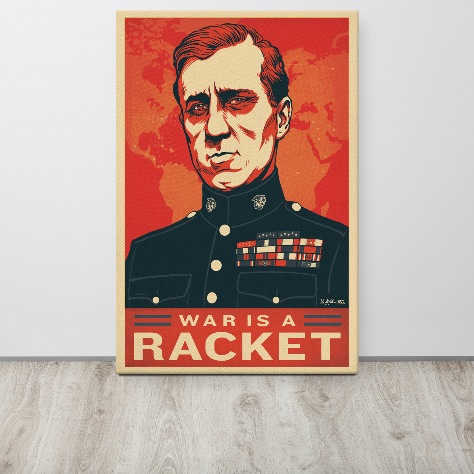 Poster with a military figure and 'War is a Racket' text on a red background