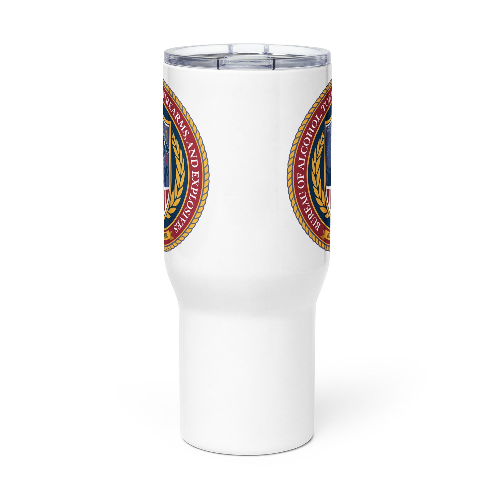 Alcohol Tobacco and Firearms and Explosive Parody Travel Mug with a Handle